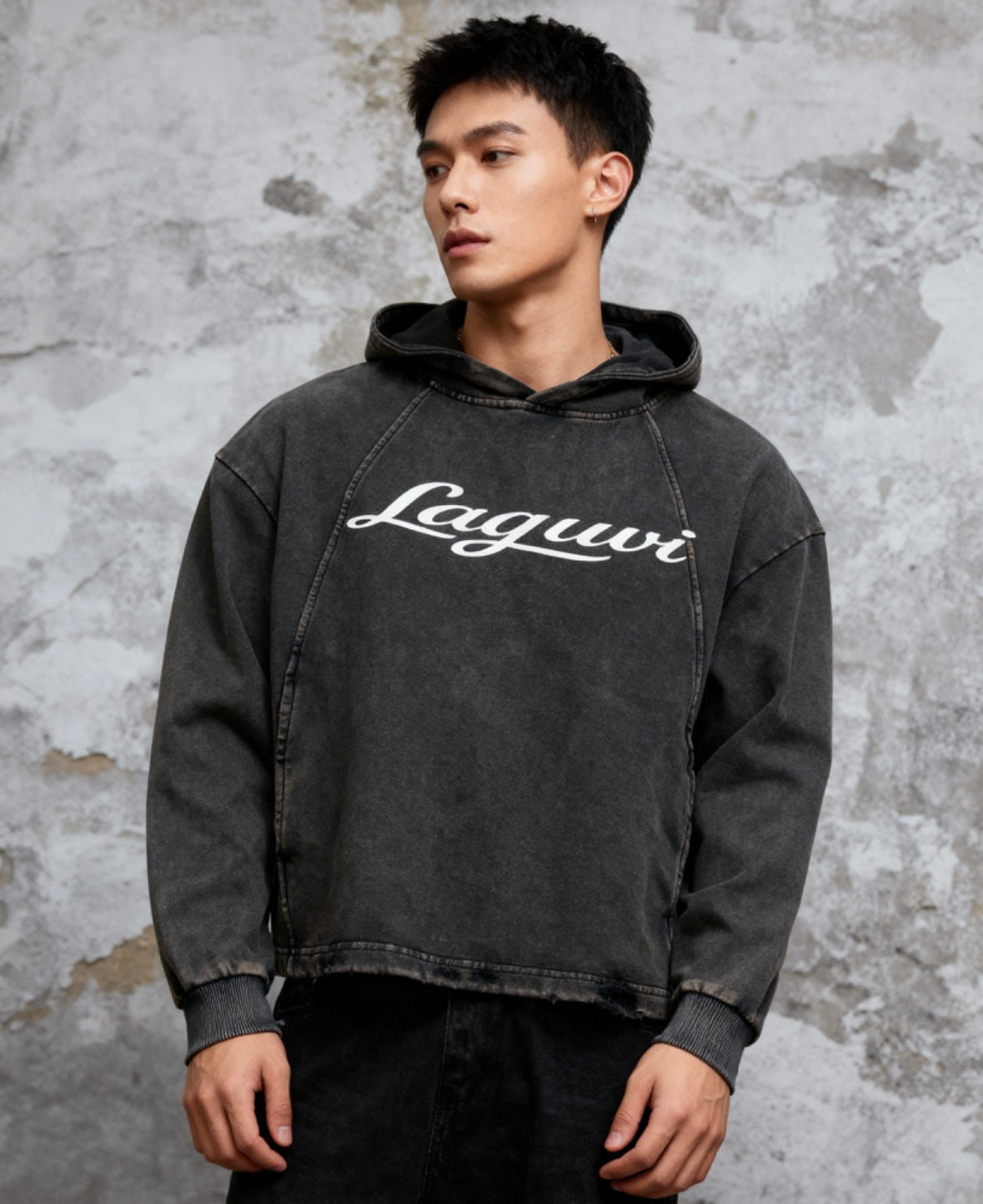 LAGUVI Vintage Washed Frayed-Hem Hoodie ( unisex )