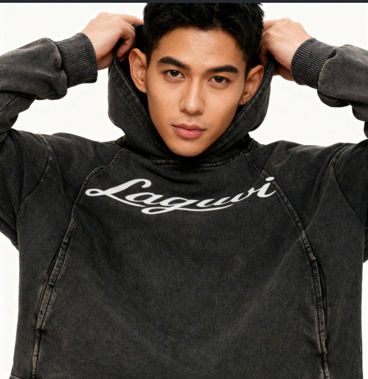 LAGUVI Vintage Washed Frayed-Hem Hoodie ( unisex )