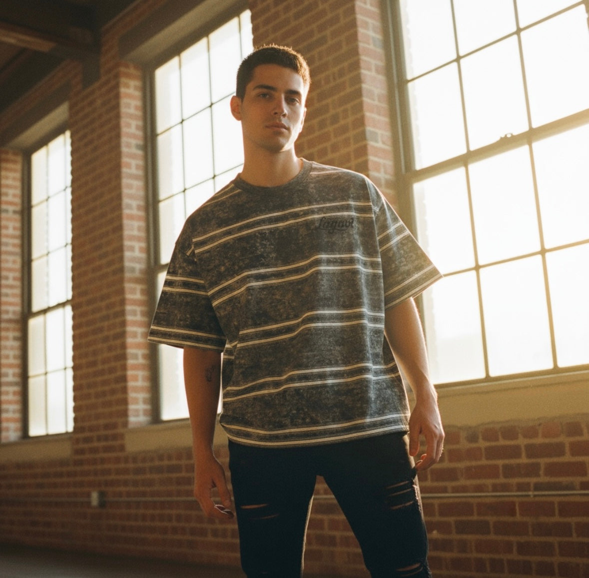 LAGUVI Snow Washed Striped Boxy T-Shirt ( unisex )